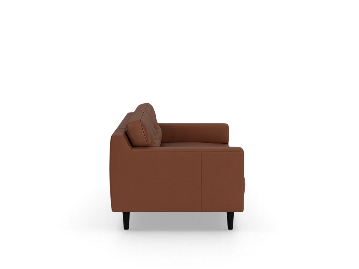 urbane EQ3 Remi 87-inch button-tufted brown leather sofa in a mid-century modern style, side view