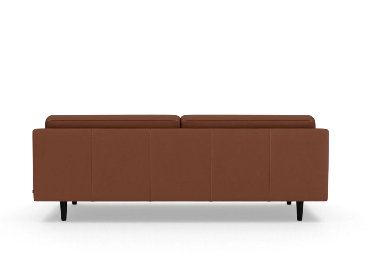 urbane EQ3 Remi 87-inch sofa in brown leather with a clean back view and tapered black legs