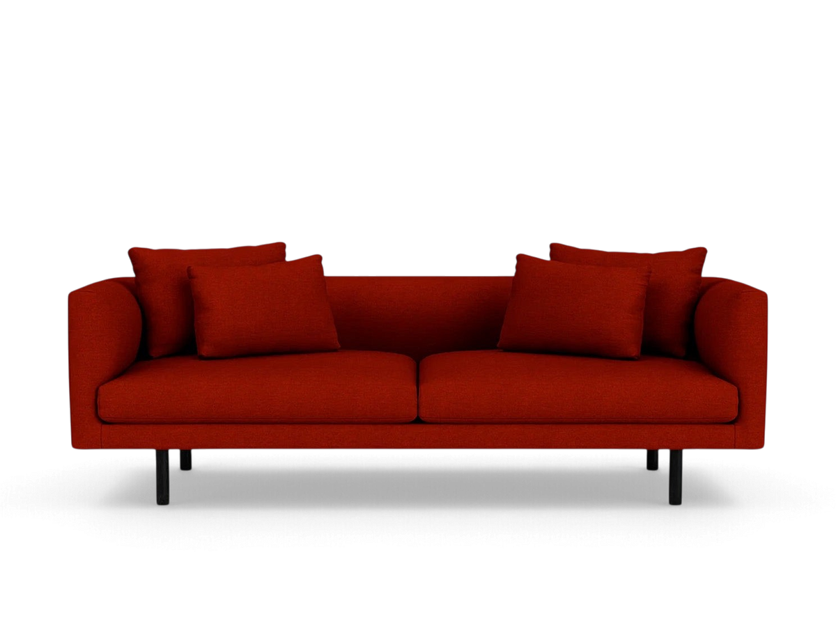 urbane EQ3 Replay 91-inch sofa in deep red fabric with a flexible back frame and four matching throw pillows