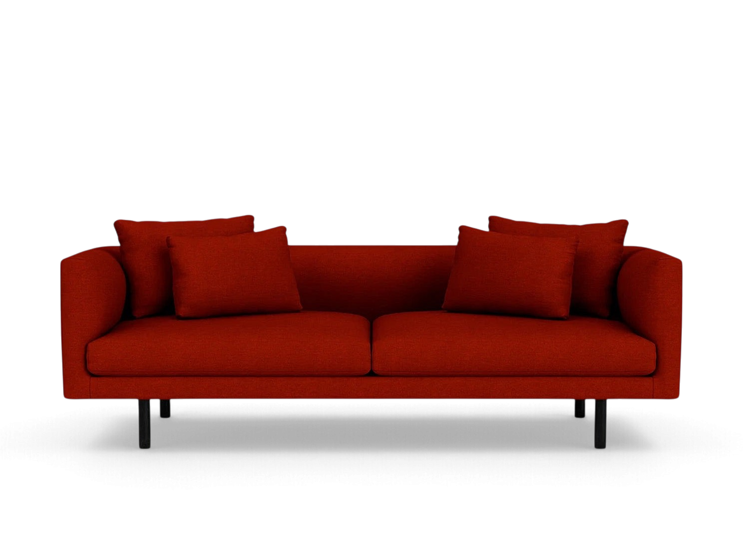 urbane EQ3 Replay 91-inch sofa in deep red fabric with a flexible back frame and four matching throw pillows