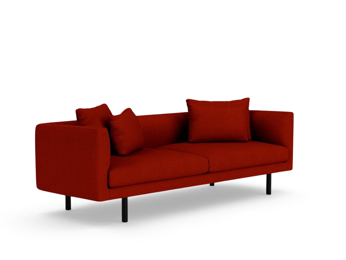 urbane EQ3 Replay 91-inch sofa in deep red fabric with a modern low-profile design and black metal legs