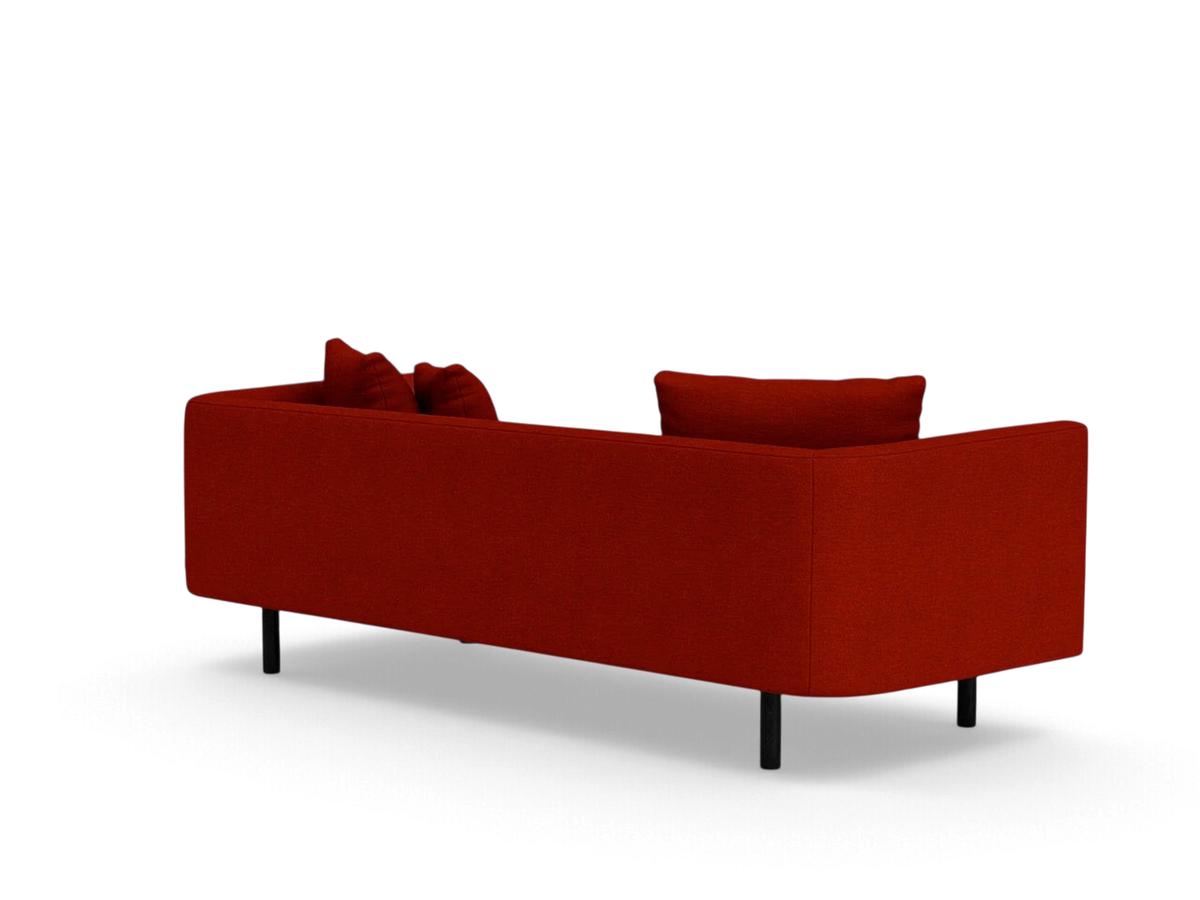 urbane EQ3 Replay 91-inch sofa in deep red fabric with a modern minimalist design and black legs