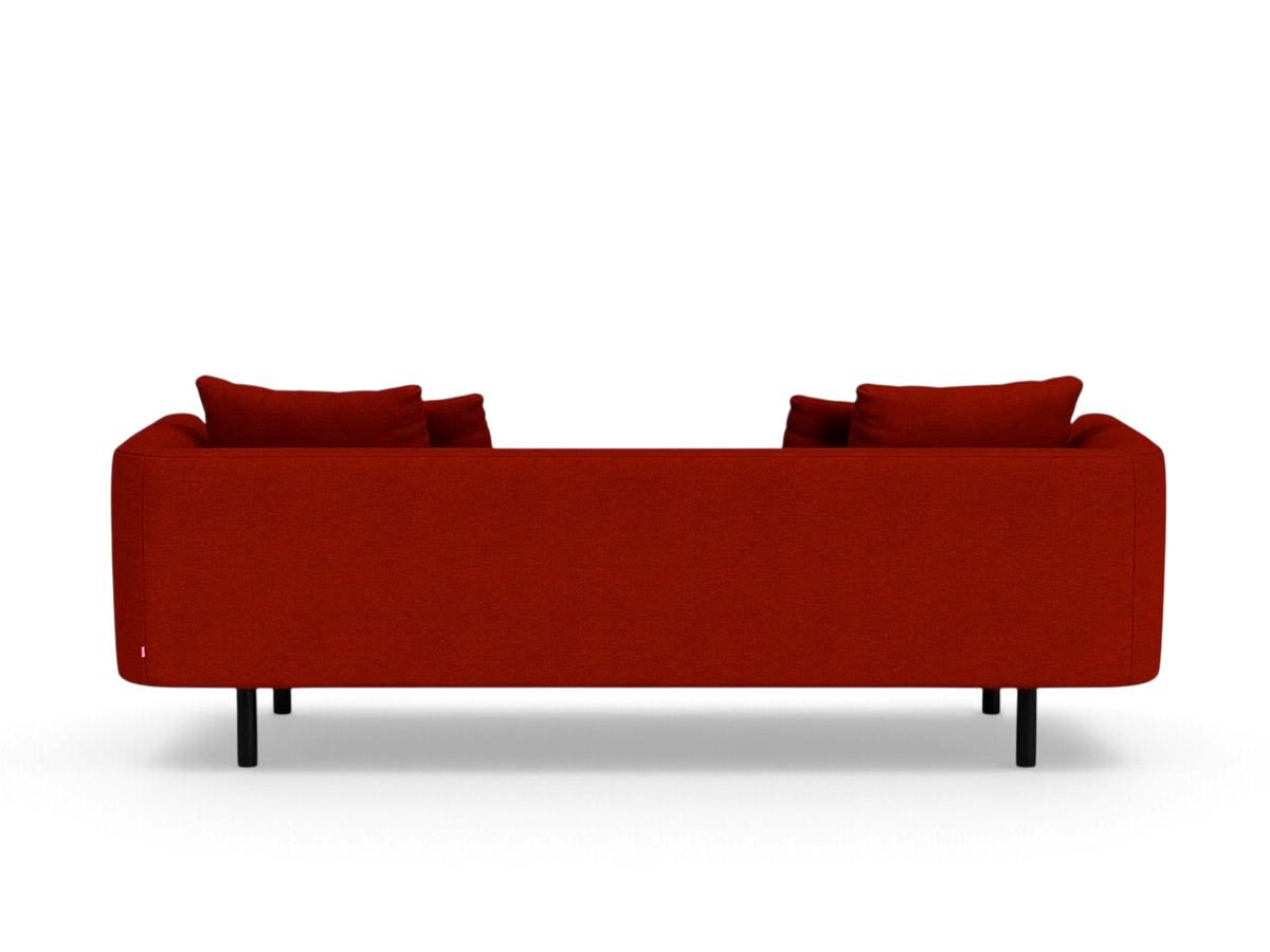 urbane EQ3 Replay 91 inch sofa in red fabric with a sleek back view and black legs