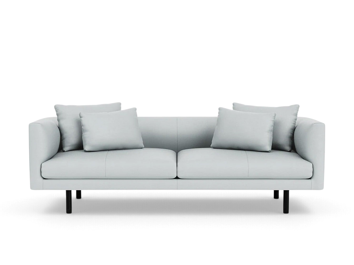 urbane EQ3 Replay 91 inch sofa in light grey upholstery with a flexible back frame and black legs
