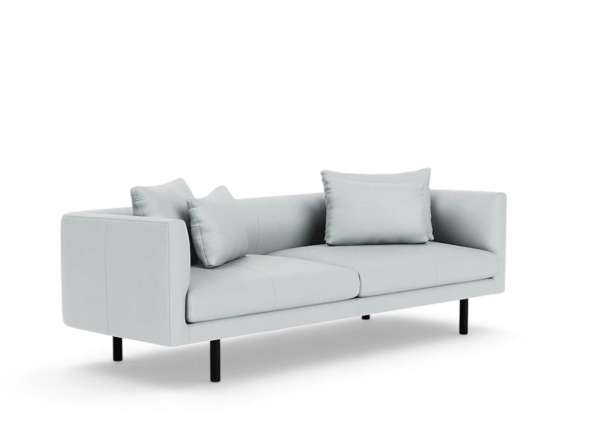 urbane EQ3 Replay 91 inch sofa in light grey fabric with a modern low-profile design and black metal legs