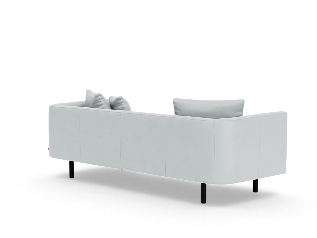 urbane EQ3 Replay 91-inch sofa in light grey fabric with a modern minimalist design and black legs, rear view