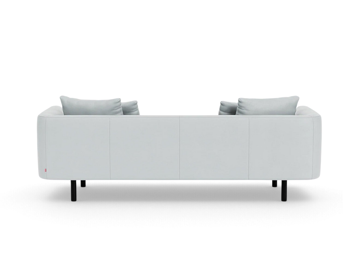 urbane EQ3 Replay 91 inch sofa in light grey fabric with a sleek back view and minimalist black legs