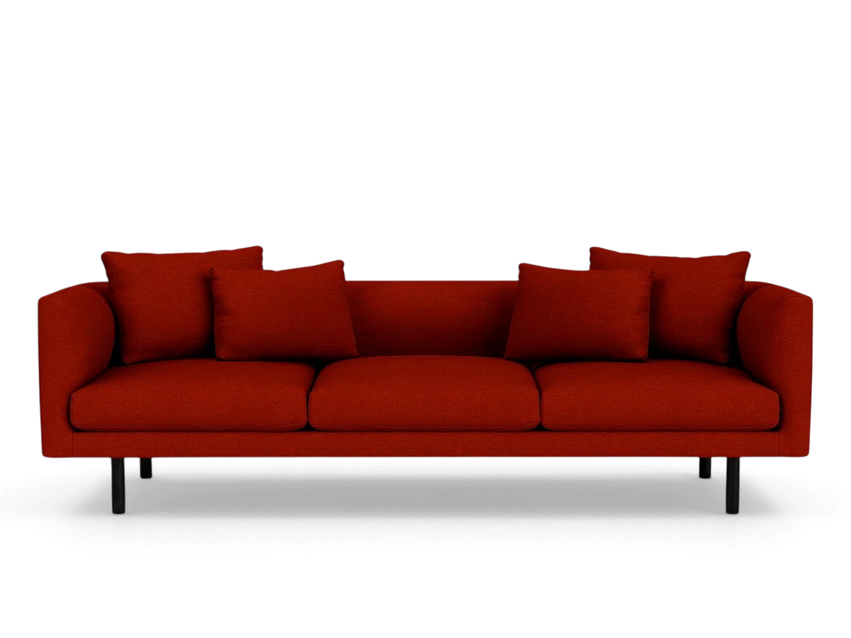 urbane EQ3 Replay 99 inch sofa in deep red fabric with a sleek modern frame and four matching throw pillows