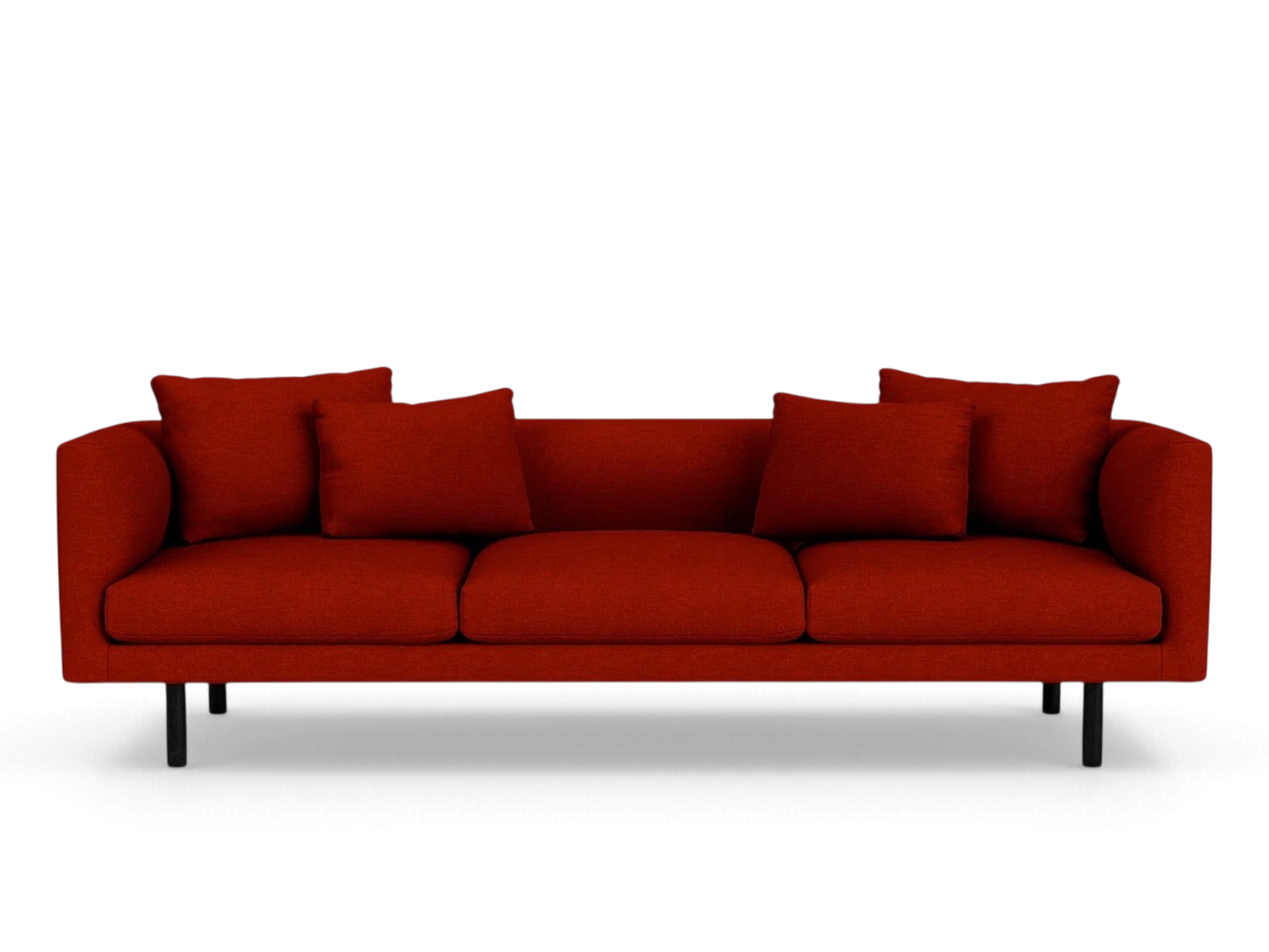 urbane EQ3 Replay 99 inch sofa in deep red fabric with a sleek modern frame and four matching throw pillows