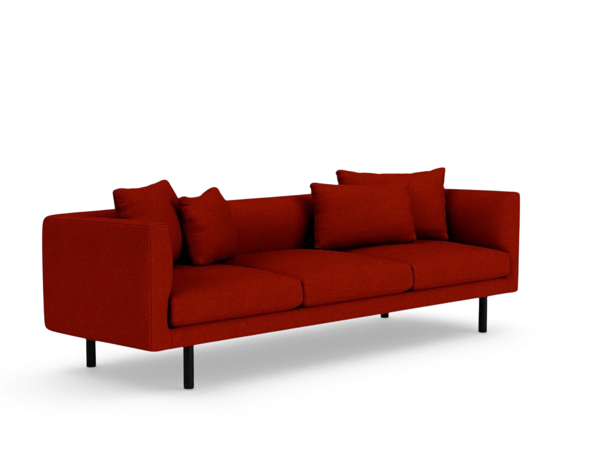 urbane EQ3 Replay 99 inch sofa in deep red fabric with a sleek modern design and black metal legs
