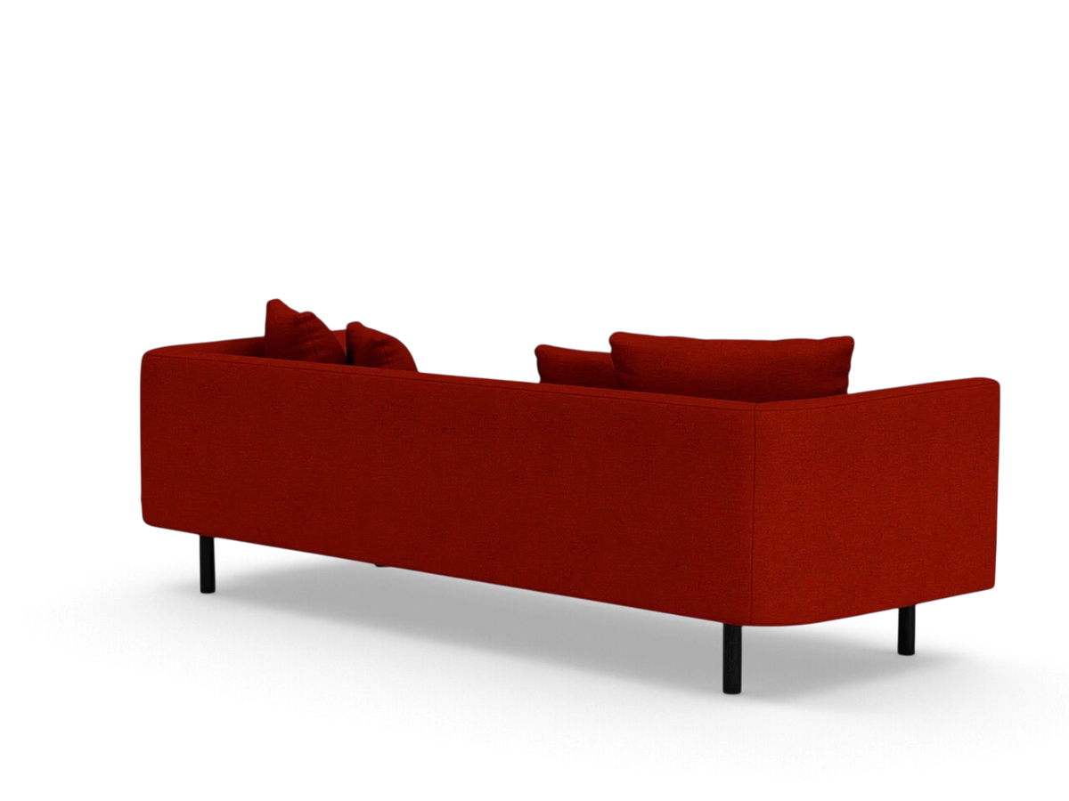 urbane EQ3 Replay 99 inch sofa in red fabric with a sleek back view and black metal legs