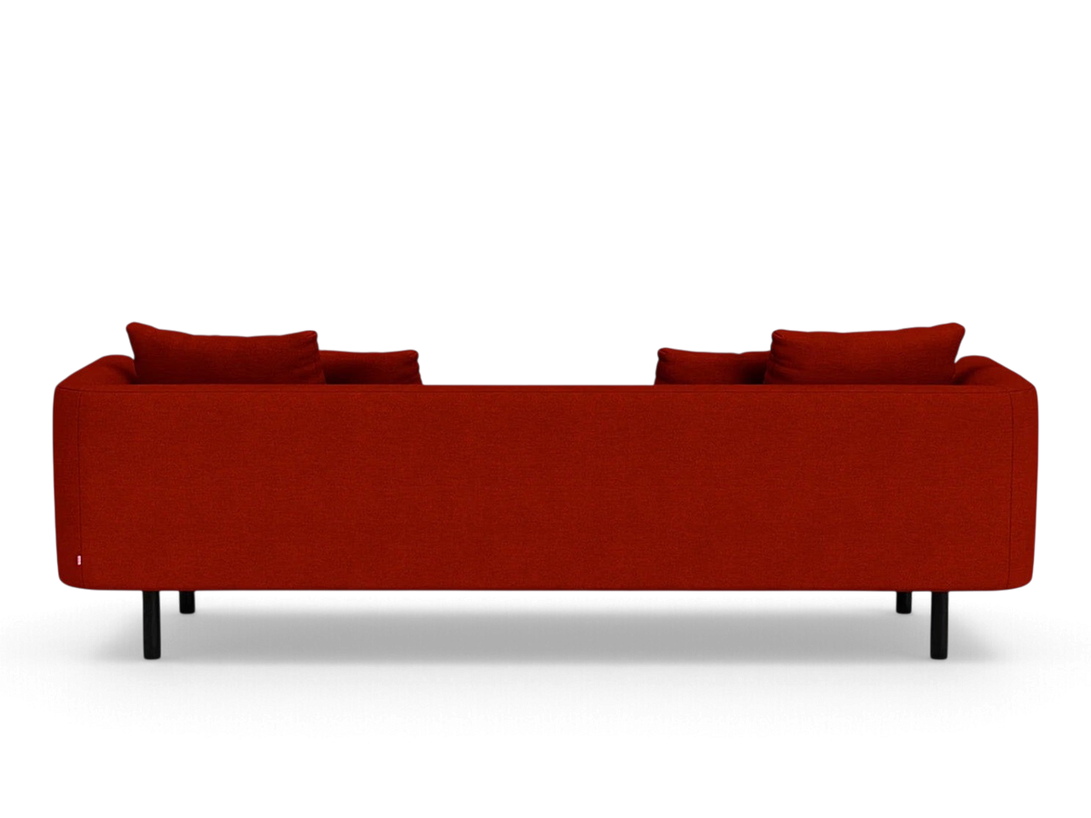 Back view of the urbane EQ3 Replay 99 inch sofa in a vibrant red fabric with black legs.