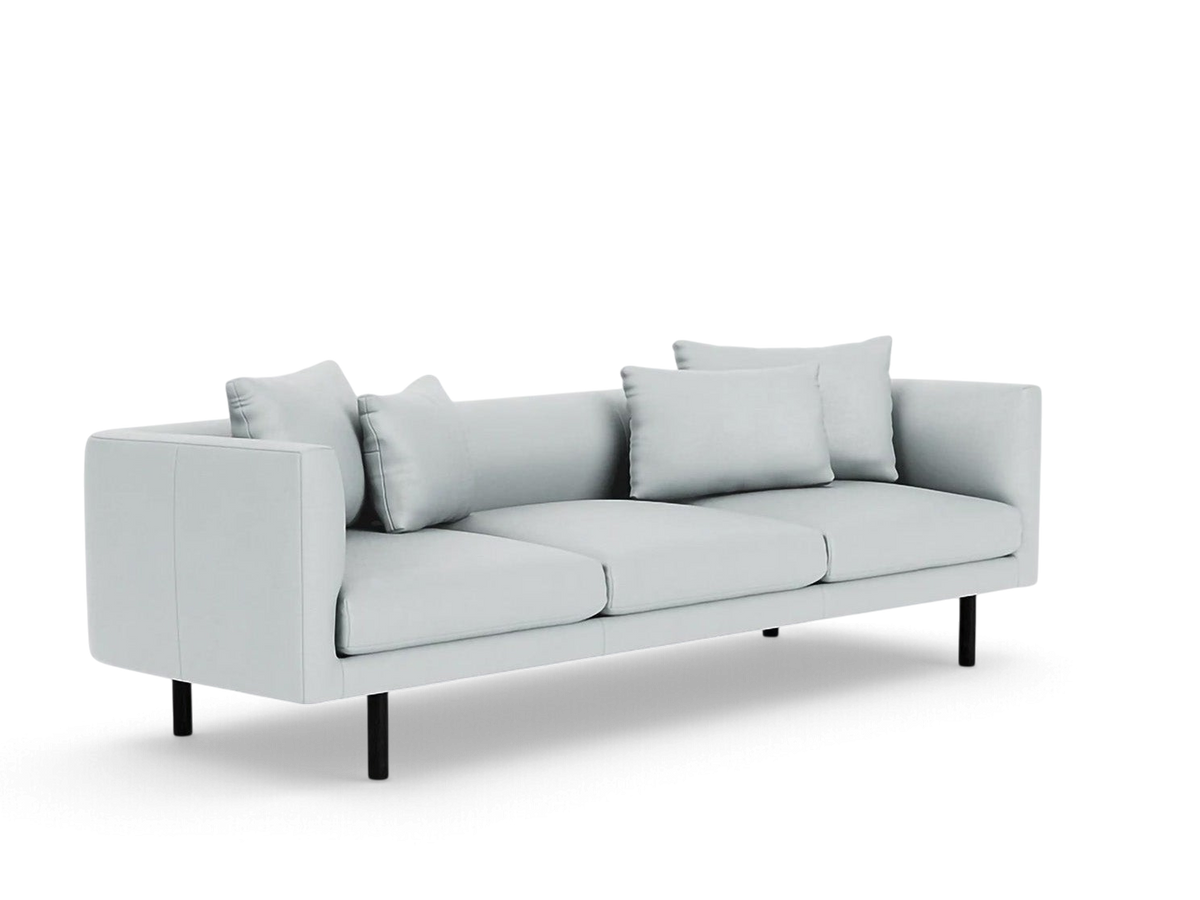 urbane EQ3 Replay 99-inch light grey upholstered sofa with black legs and plush cushions in a modern design