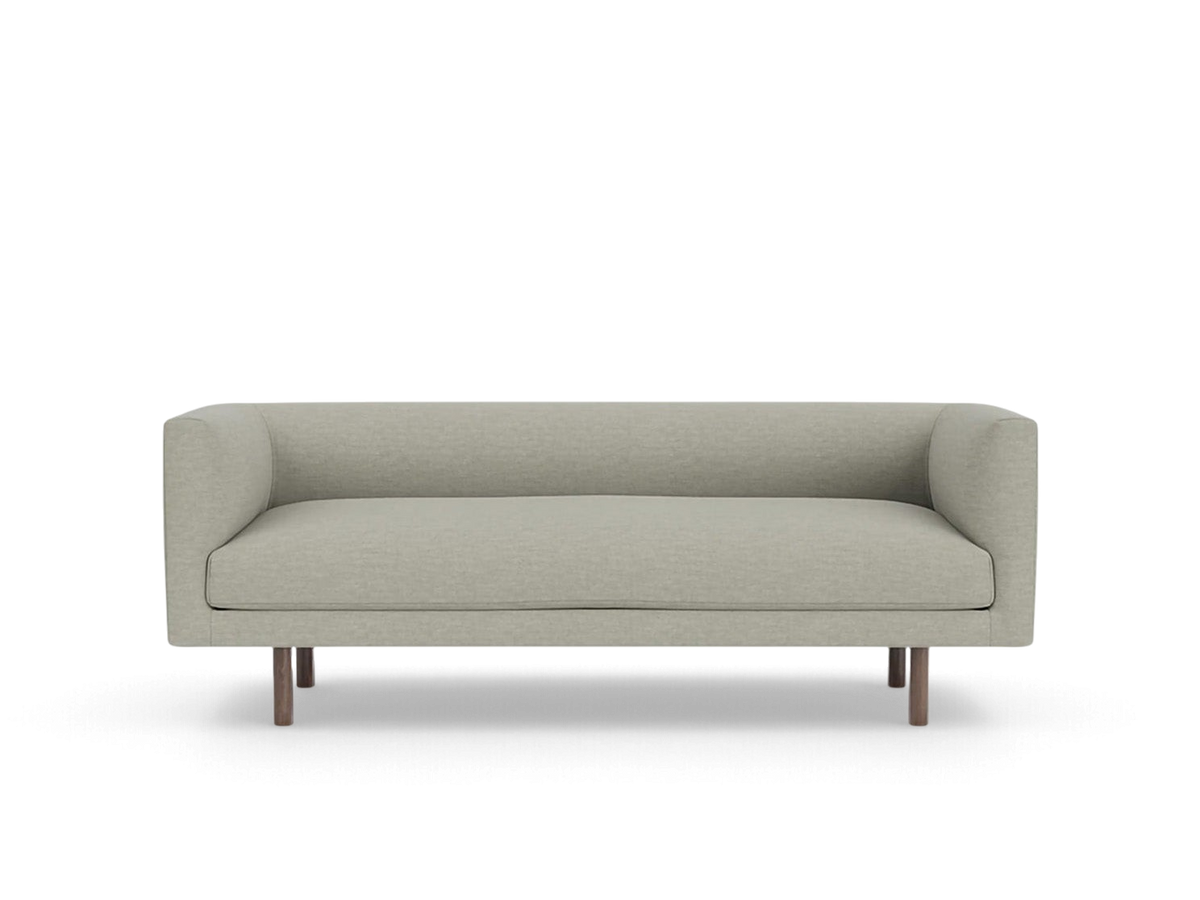urbane EQ3 Replay Club sofa in light grey fabric with a compact design and dark wooden legs