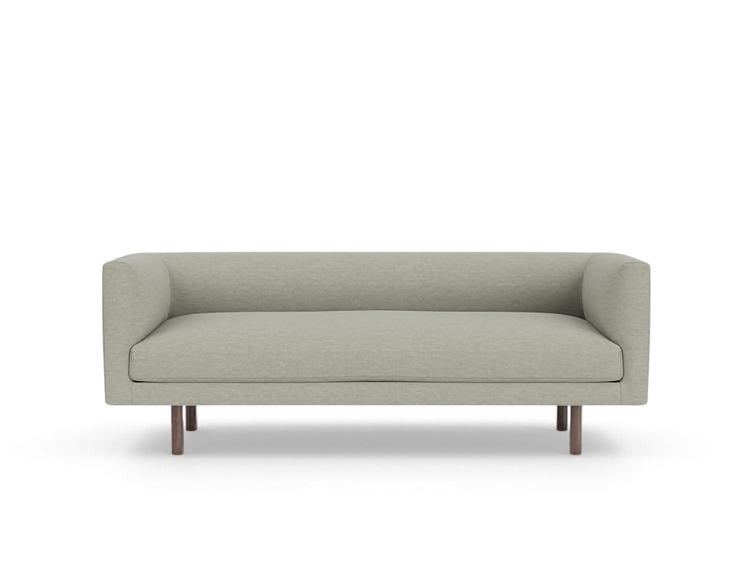 urbane EQ3 Replay Club sofa in light grey fabric with a compact design and dark wooden legs