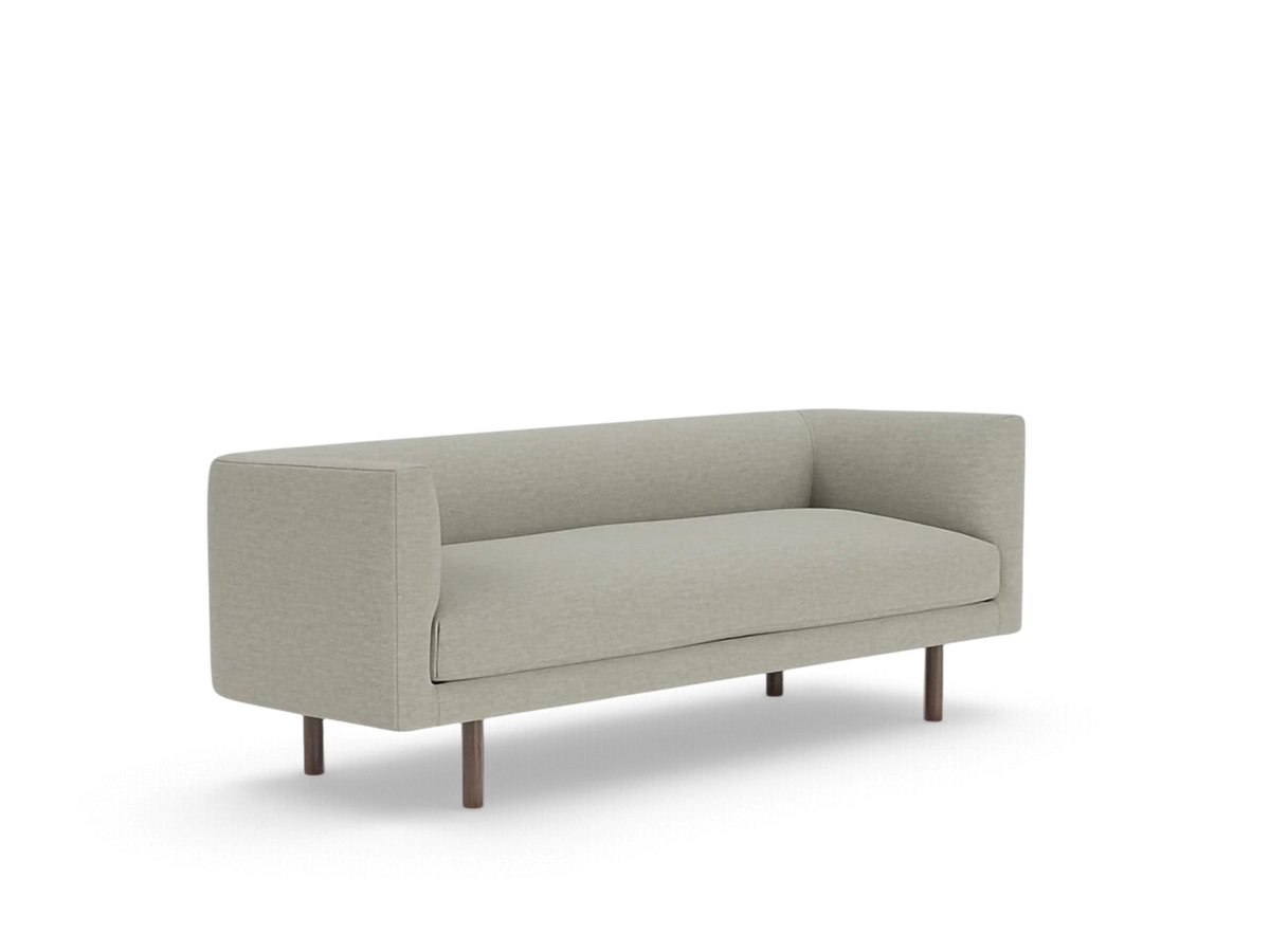 urbane EQ3 Replay Club sofa in light grey fabric with a compact design and dark wooden legs on a white background