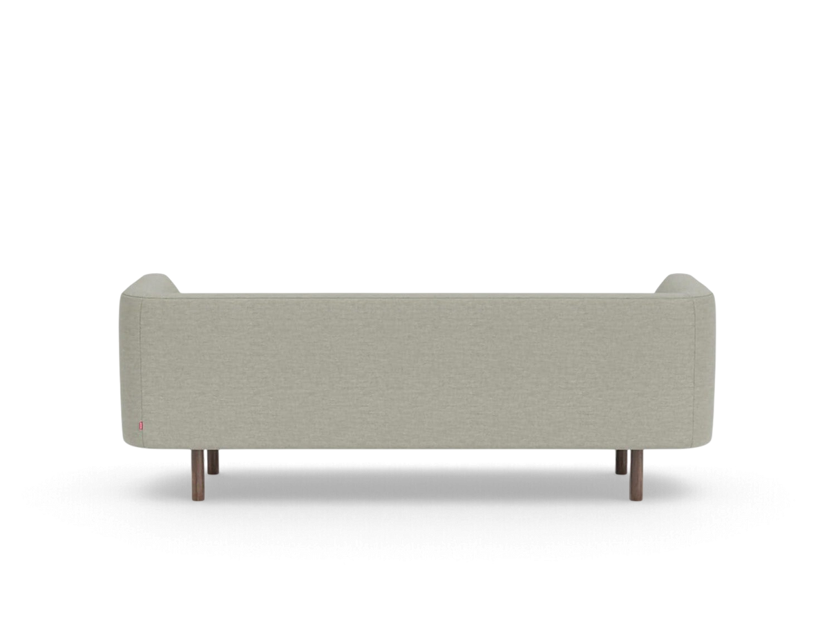 urbane EQ3 Replay Club sofa in light grey fabric with dark wooden legs, shown from the back view.