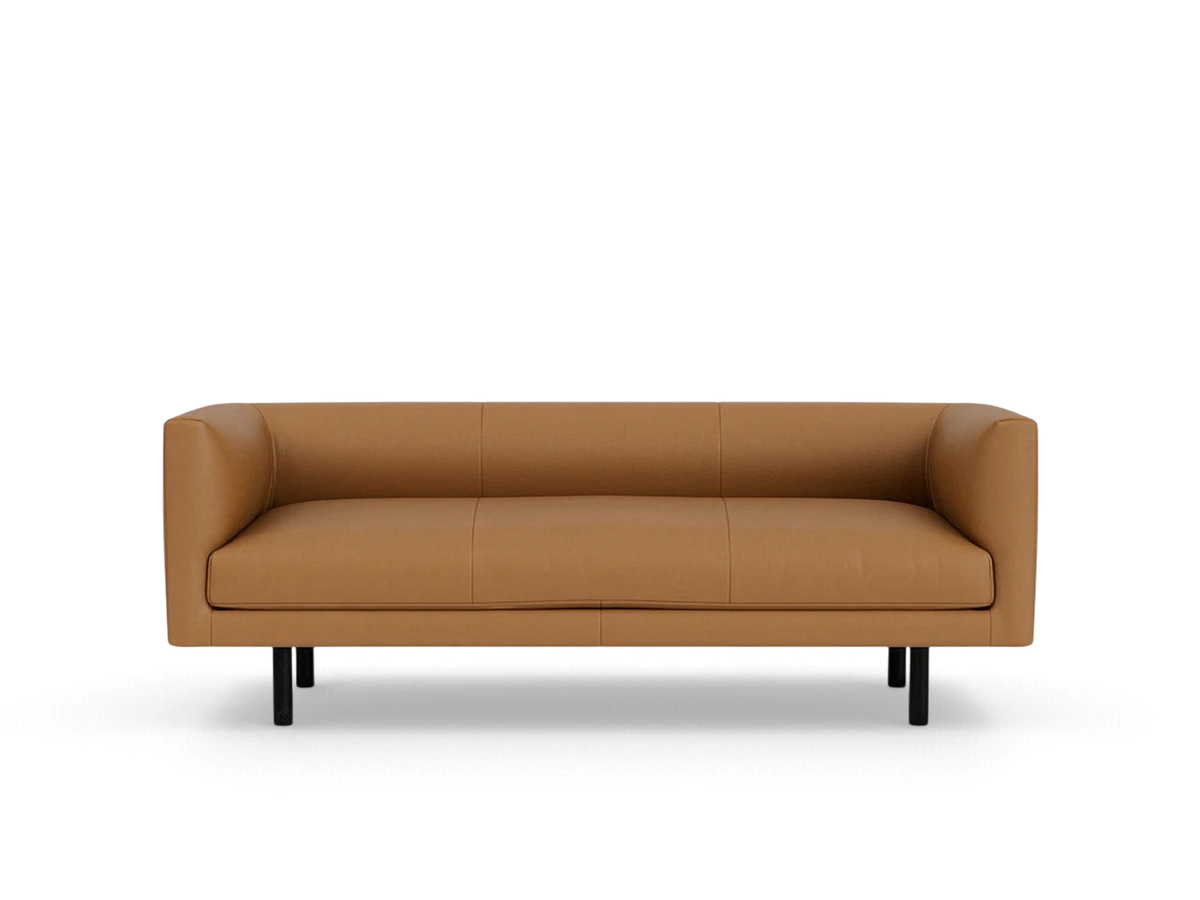 urbane EQ3 Replay Club sofa in tan leather with a sleek low-profile design and black legs