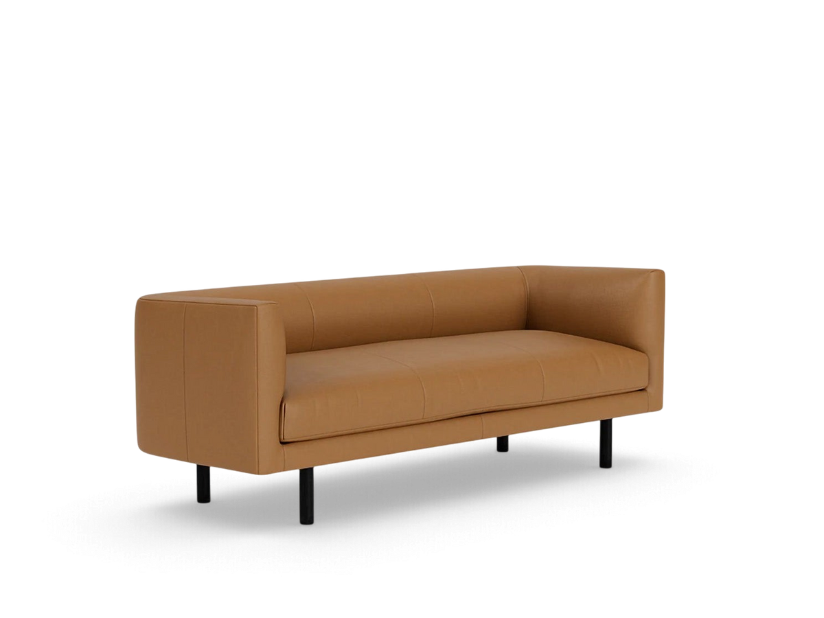 urbane EQ3 Replay Club sofa in tan leather with a sleek low-profile design and black metal legs