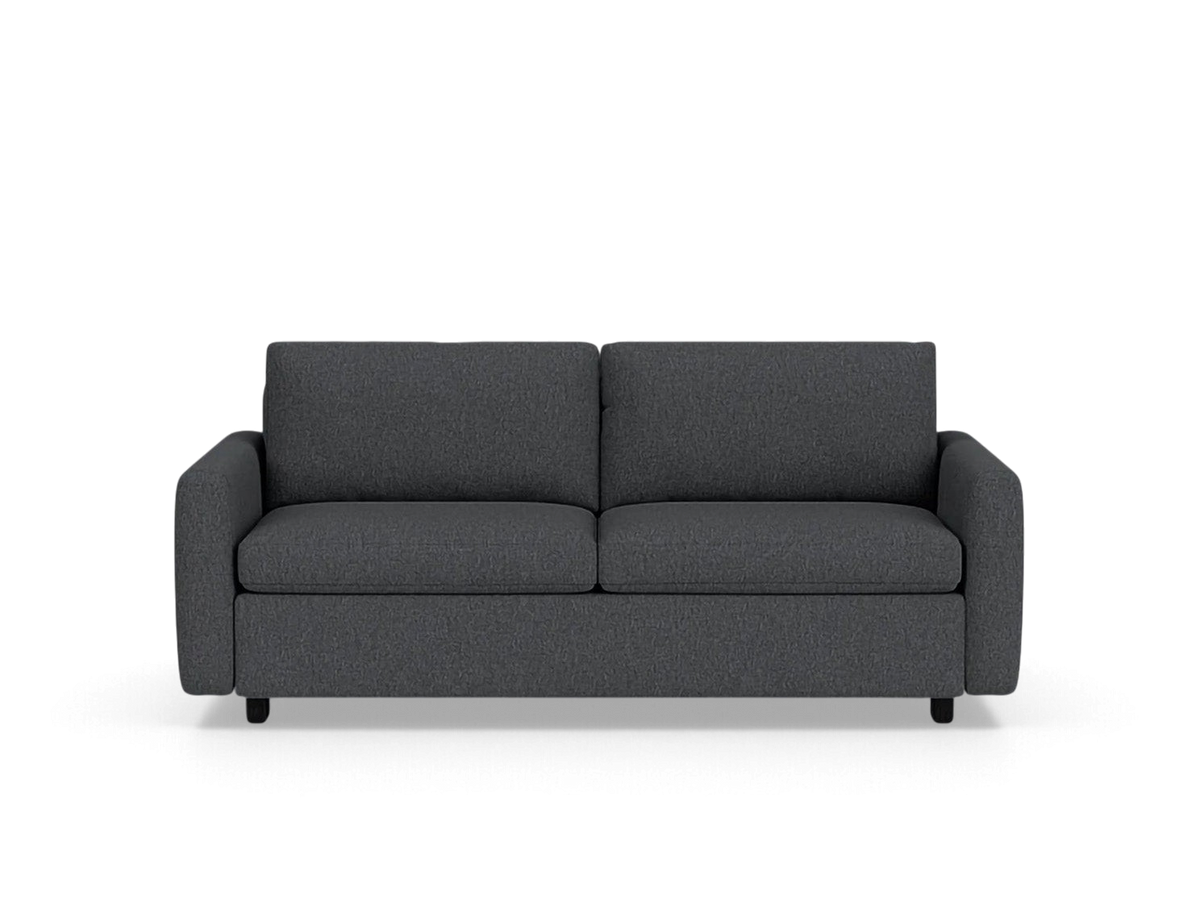 urbane EQ3 Reva double sleeper sofa in charcoal grey fabric with a modern, compact silhouette and clean lines.