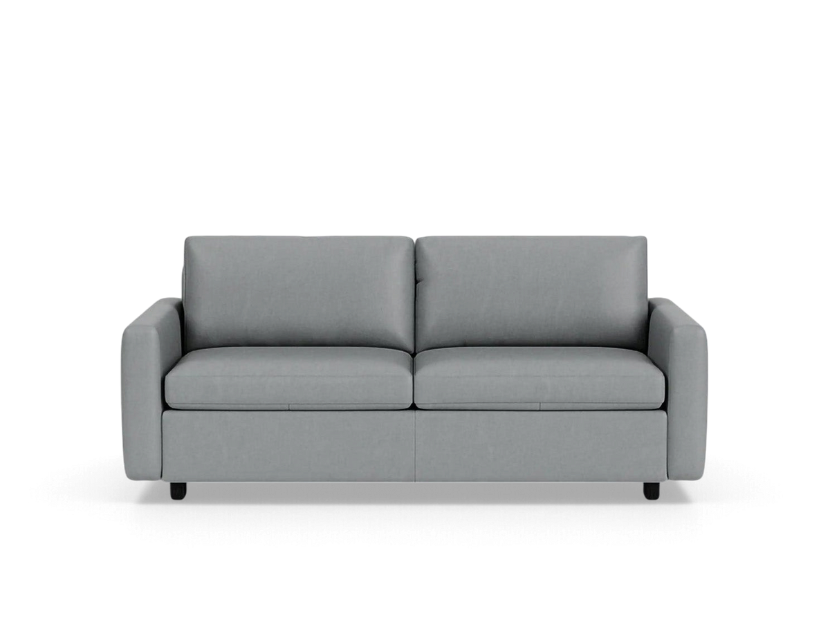 urbane EQ3 Reva double sleeper sofa in grey fabric with a modern minimalist design and compact silhouette