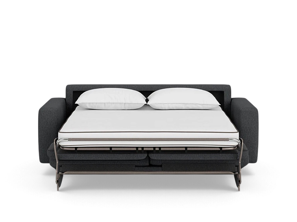 urbane EQ3 Reva double sleeper sofa in dark grey fabric with an open memory foam mattress