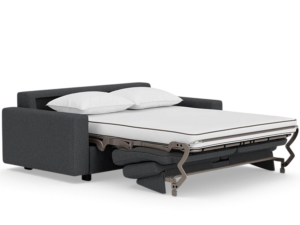 urbane EQ3 Reva double sleeper sofa in charcoal grey fabric with an extended memory foam mattress
