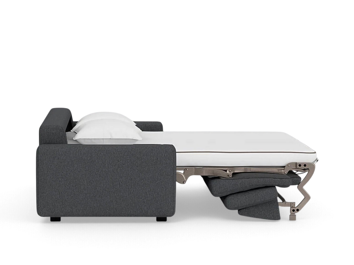 urbane EQ3 Reva double sleeper sofa in dark grey fabric with memory foam mattress extended in side profile view