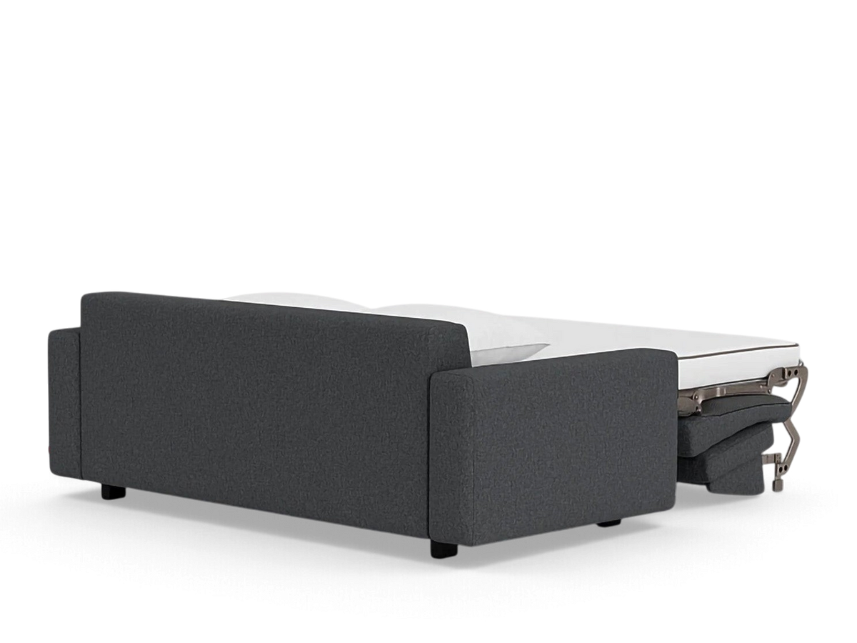 urbane EQ3 Reva double sleeper sofa in dark grey fabric with a partially extended memory foam mattress