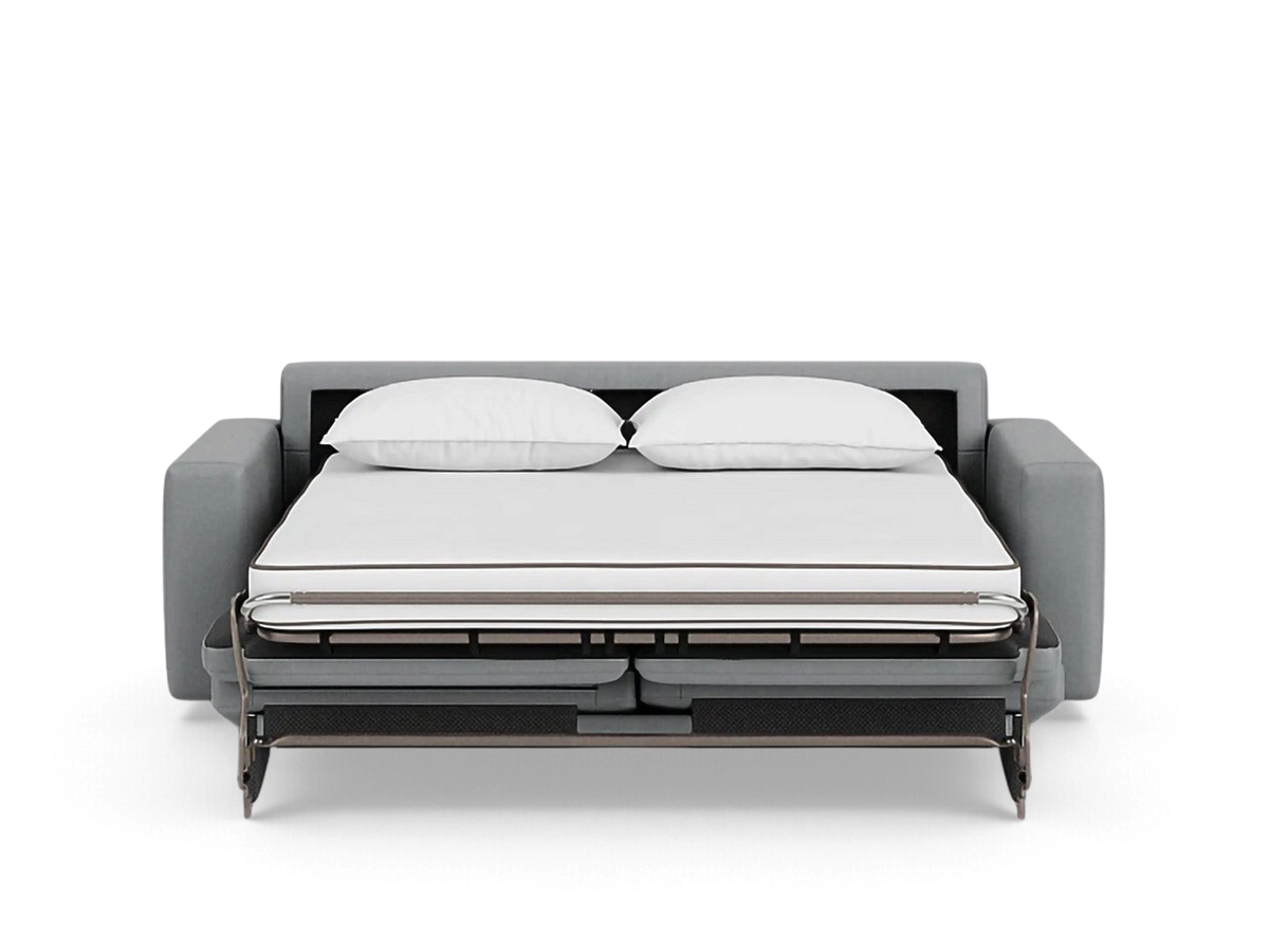 urbane EQ3 Reva double sleeper sofa in grey fabric with an extended memory foam mattress and two white pillows