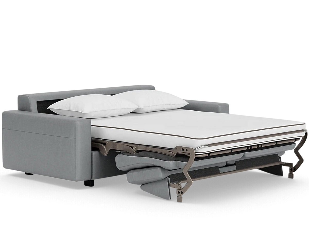 urbane EQ3 Reva double sleeper sofa in grey fabric with an extended memory foam mattress and two white pillows