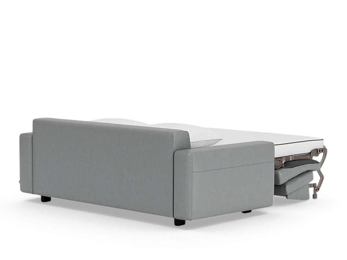 urbane EQ3 Reva double sleeper sofa in grey fabric shown in the extended bed position with a white mattress