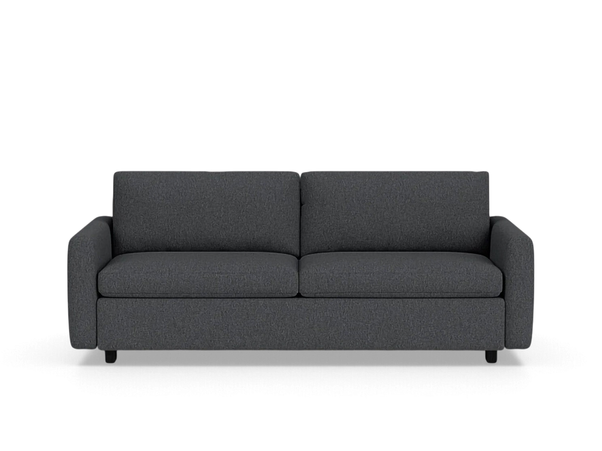 urbane EQ3 Reva queen sleeper sofa in dark grey fabric with a modern, minimalist design and clean silhouette.