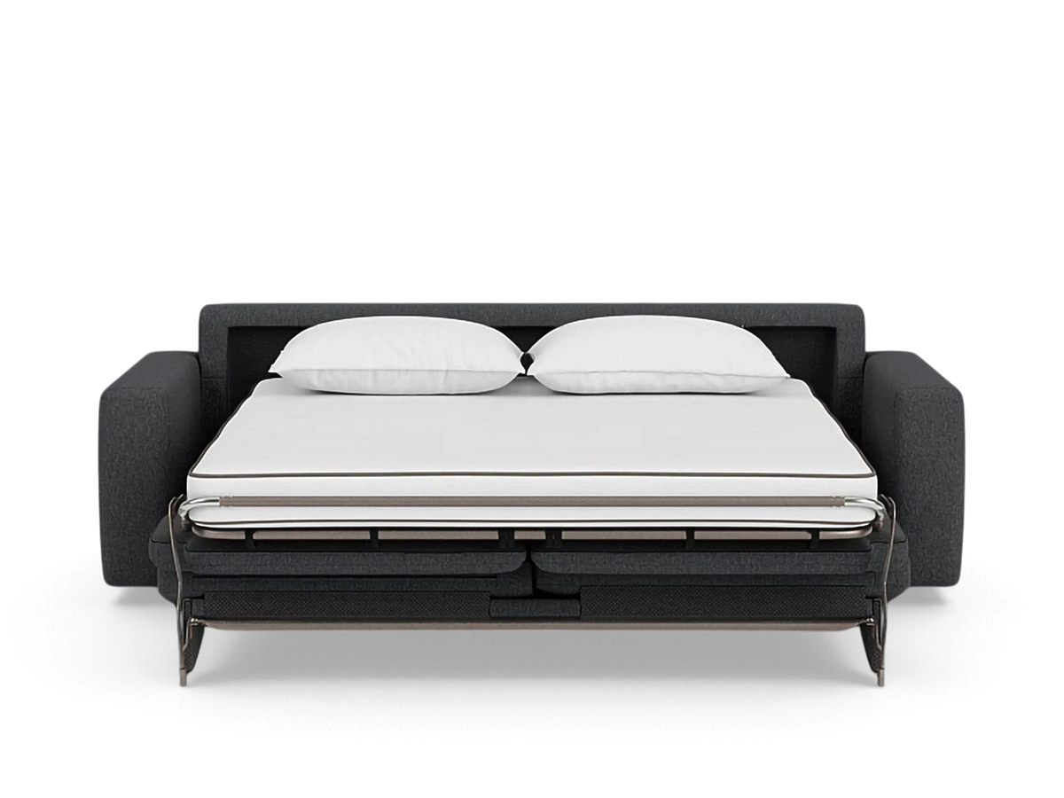 urbane EQ3 Reva queen sleeper sofa in dark grey fabric with an extended memory foam mattress and two white pillows