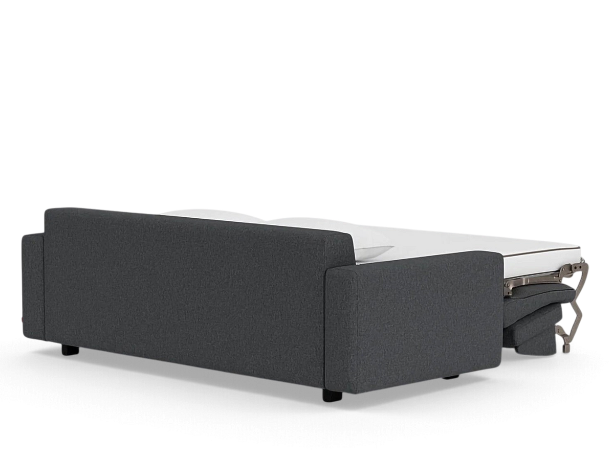 urbane EQ3 Reva queen sleeper sofa in dark grey fabric with memory foam mattress partially extended
