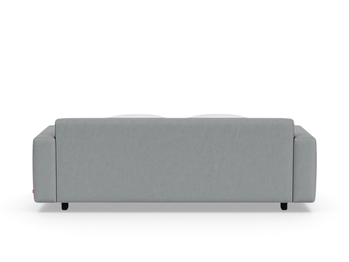 urbane EQ3 Reva queen sleeper sofa in light grey fabric, shown from the back with a sleek modern silhouette.
