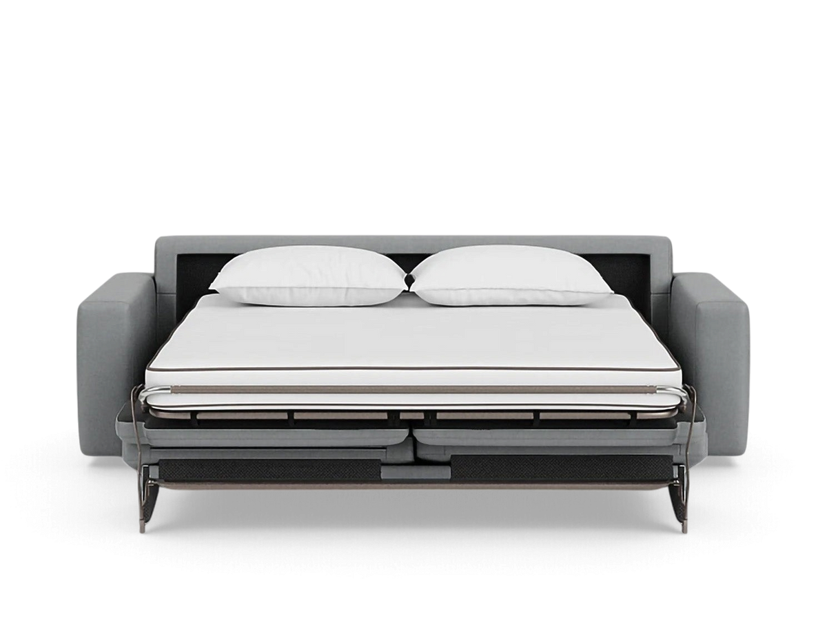 urbane EQ3 Reva queen sleeper sofa in grey fabric with an extended memory foam mattress and two white pillows