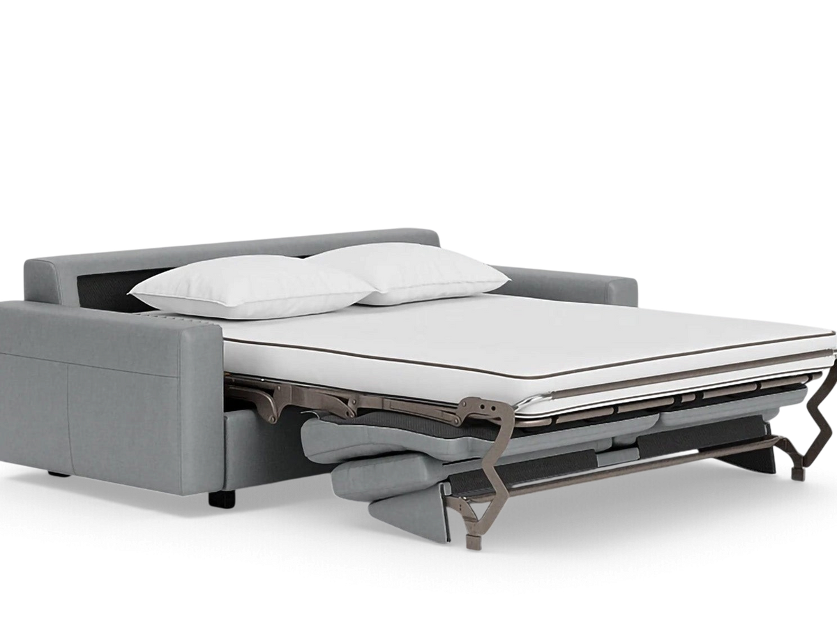 urbane EQ3 Reva queen sleeper sofa in grey fabric with a pulled-out memory foam mattress and two white pillows