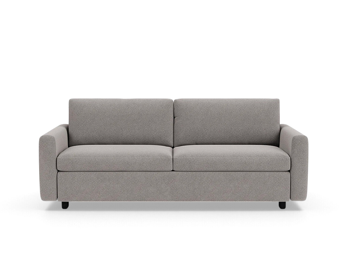 urbane EQ3 Reva Storage Sofa in a neutral grey fabric with a sleek, compact silhouette and hidden storage compartment.