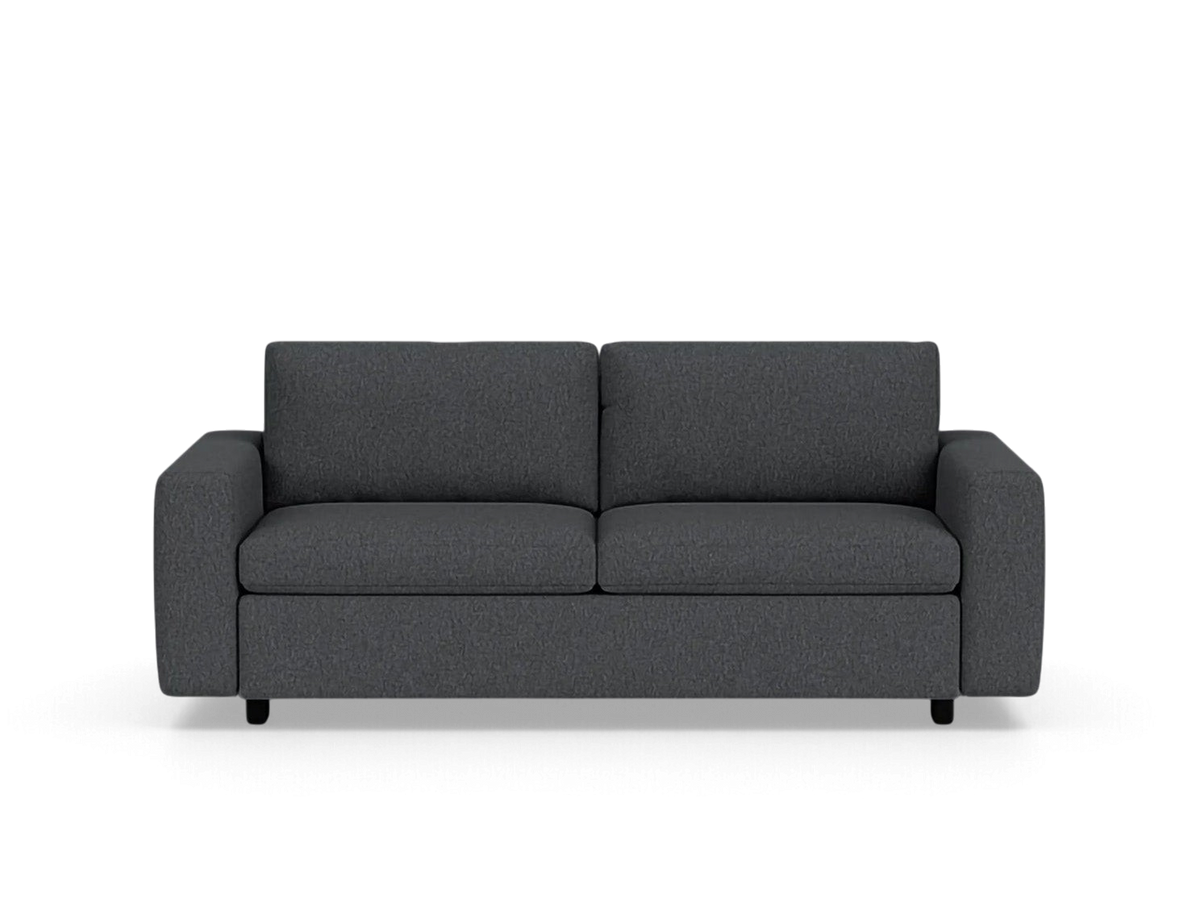 urbane EQ3 Reva double sleeper sofa in charcoal grey fabric with a modern, compact design and clean silhouette.