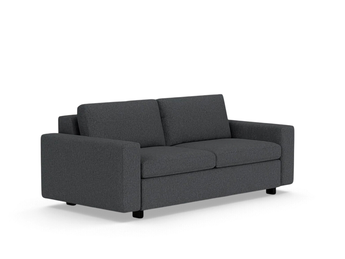 urbane EQ3 Reva double sleeper sofa in dark grey fabric with a modern, compact silhouette and low-profile design.