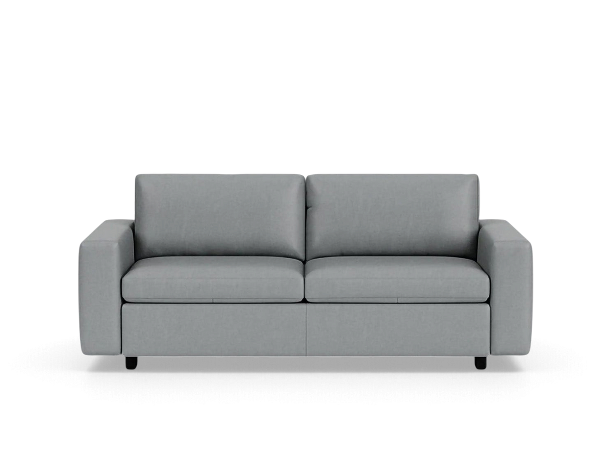 urbane EQ3 Reva double sleeper sofa in a modern grey fabric with a sleek, compact silhouette and standard arms.