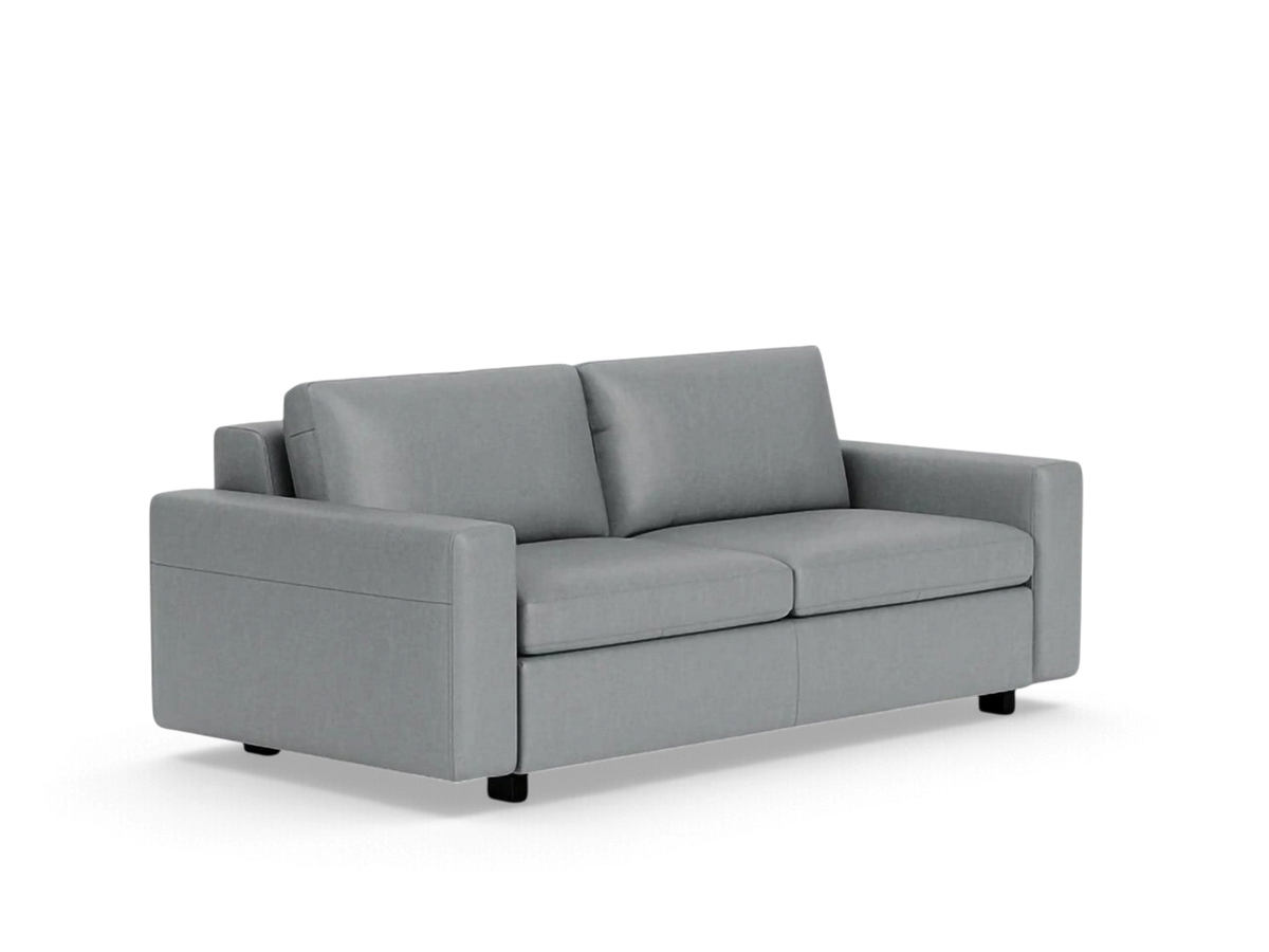 urbane EQ3 Reva double sleeper sofa in light grey fabric with a modern, compact silhouette and low profile design.