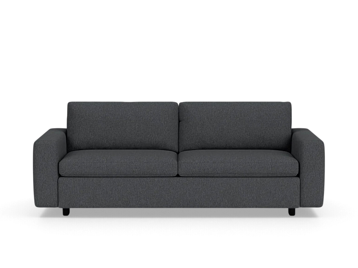 urbane EQ3 Reva Queen Sleeper Sofa in dark grey fabric with a modern, minimalist silhouette and low profile design.