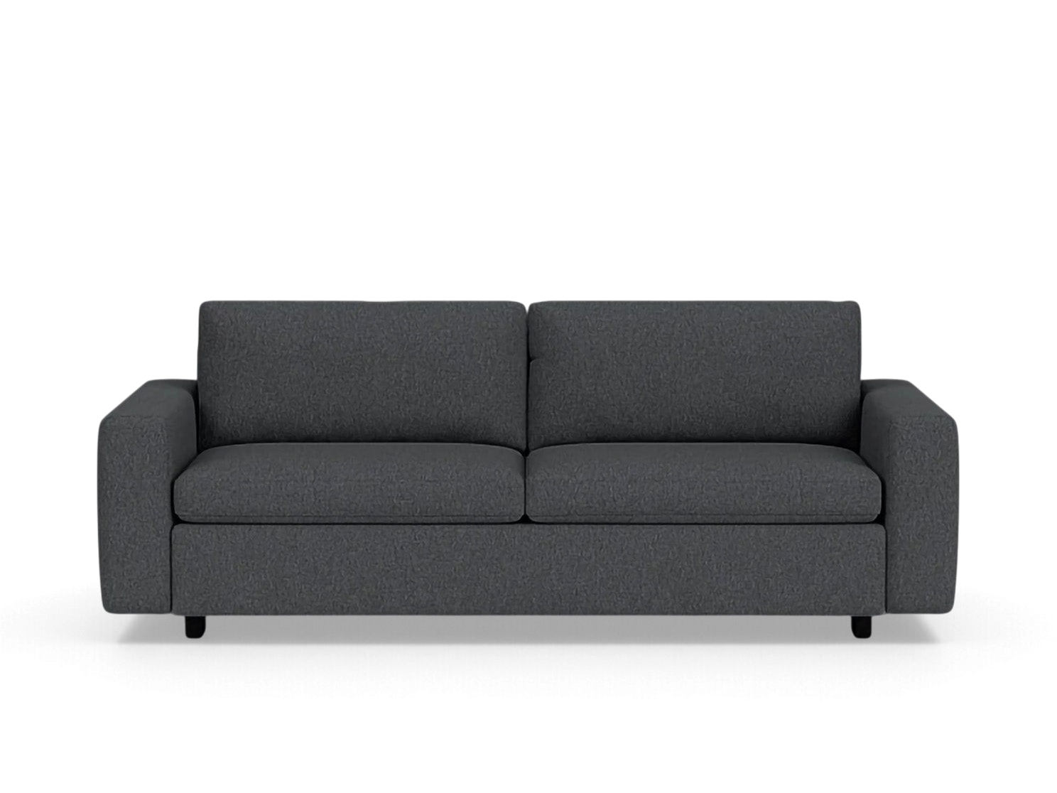 urbane EQ3 Reva Queen Sleeper Sofa in dark grey fabric with a modern, minimalist silhouette and low profile design.