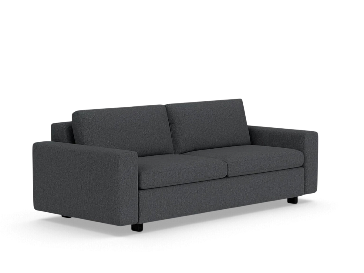 urbane EQ3 Reva queen sleeper sofa in dark grey fabric with a modern, low-profile design and clean lines.