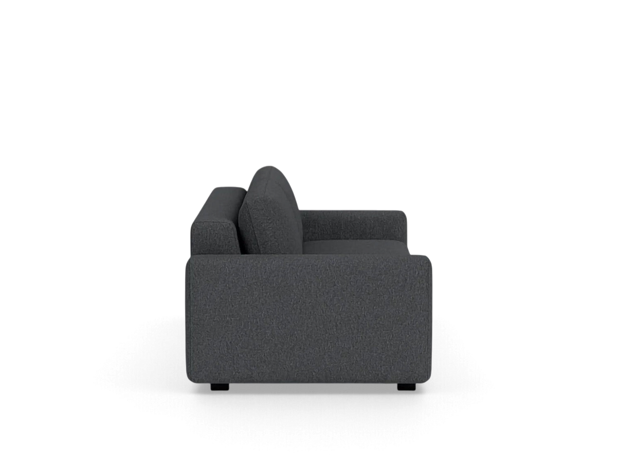 urbane EQ3 Reva queen sleeper sofa in dark grey fabric with a modern, compact silhouette and side view profile.