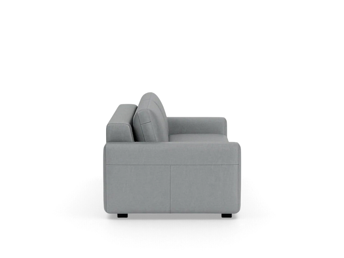 Side view of the urbane EQ3 Reva Queen Sleeper Sofa in light grey upholstery with a modern, compact silhouette.
