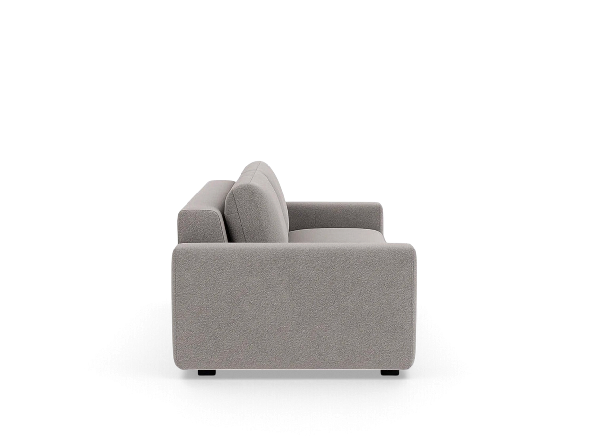urbane EQ3 Reva Storage Sofa in a neutral grey fabric with a sleek, compact side profile view.