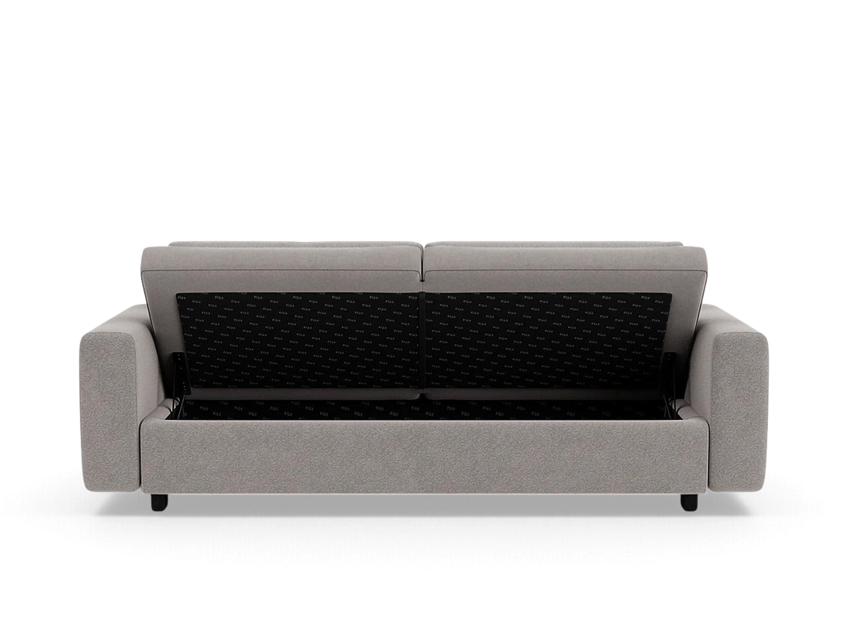 urbane EQ3 Reva Storage Sofa in grey fabric with open seat revealing internal storage compartment